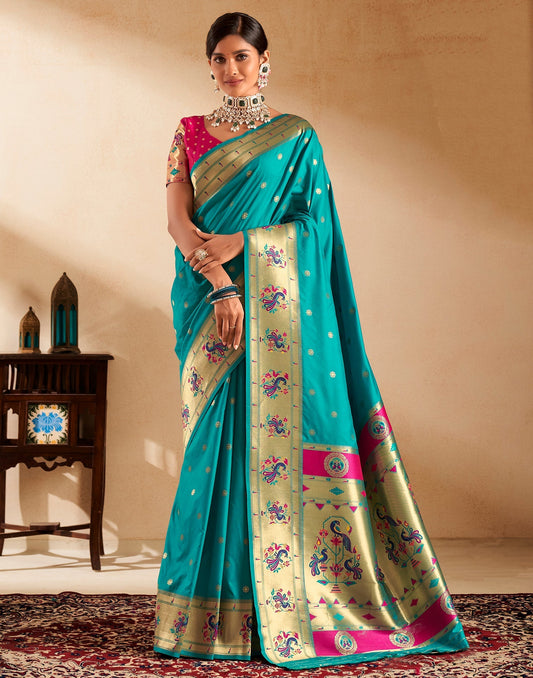 Turquoise Weaving Silk Paithani Saree
