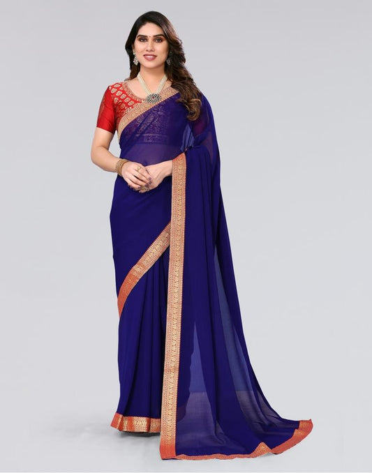 Royal Blue Plain Chiffon Saree