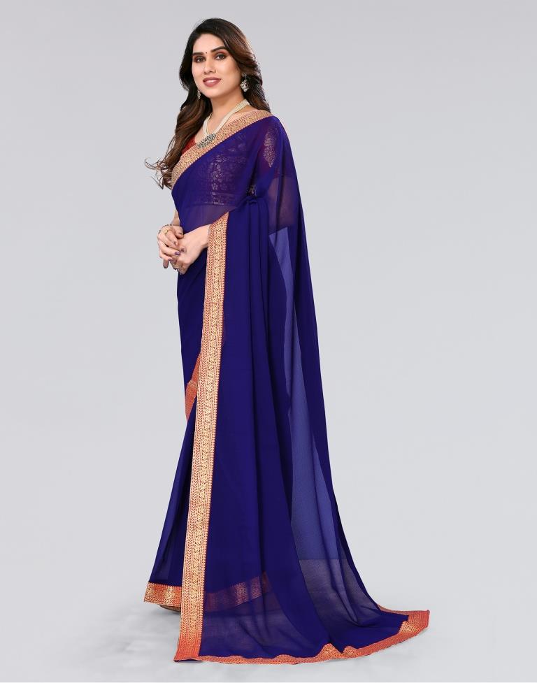 Royal Blue Plain Chiffon Saree