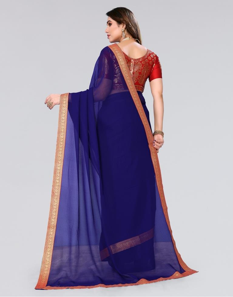 Royal Blue Plain Chiffon Saree