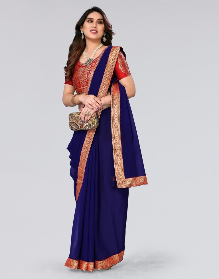Royal Blue Plain Chiffon Saree