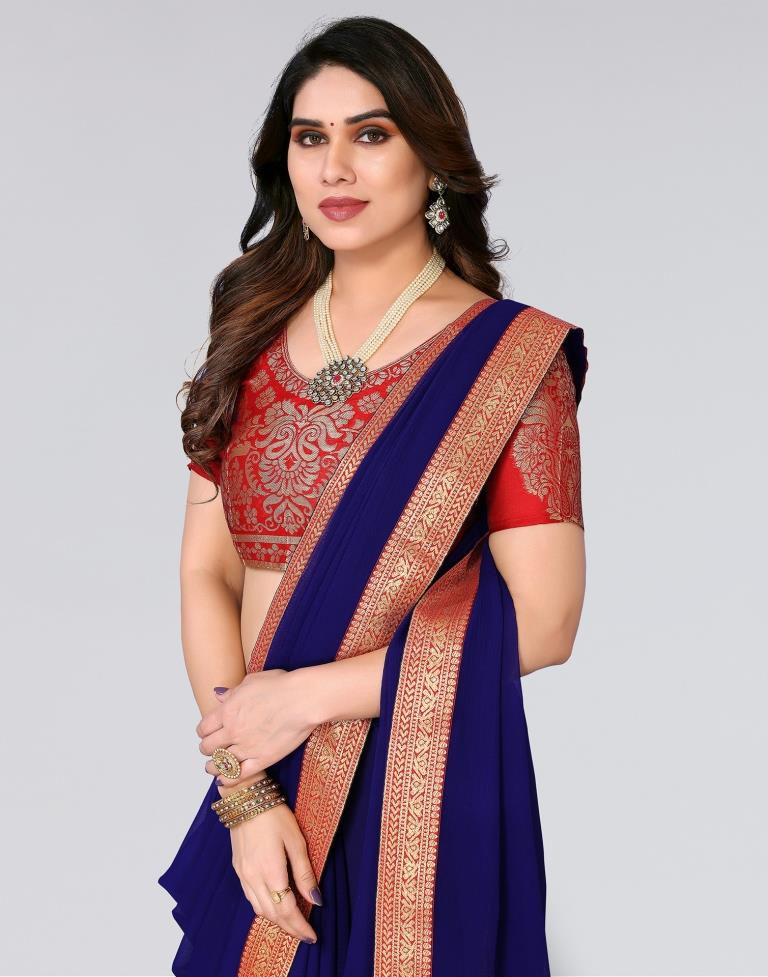 Royal Blue Plain Chiffon Saree