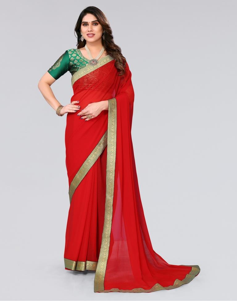 Red Plain Chiffon Saree