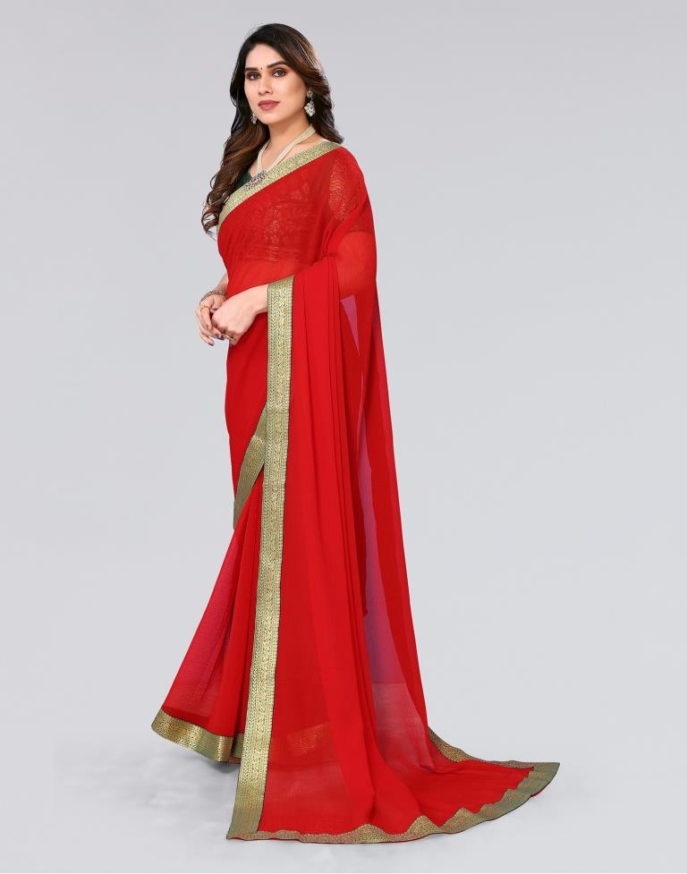 Red Plain Chiffon Saree