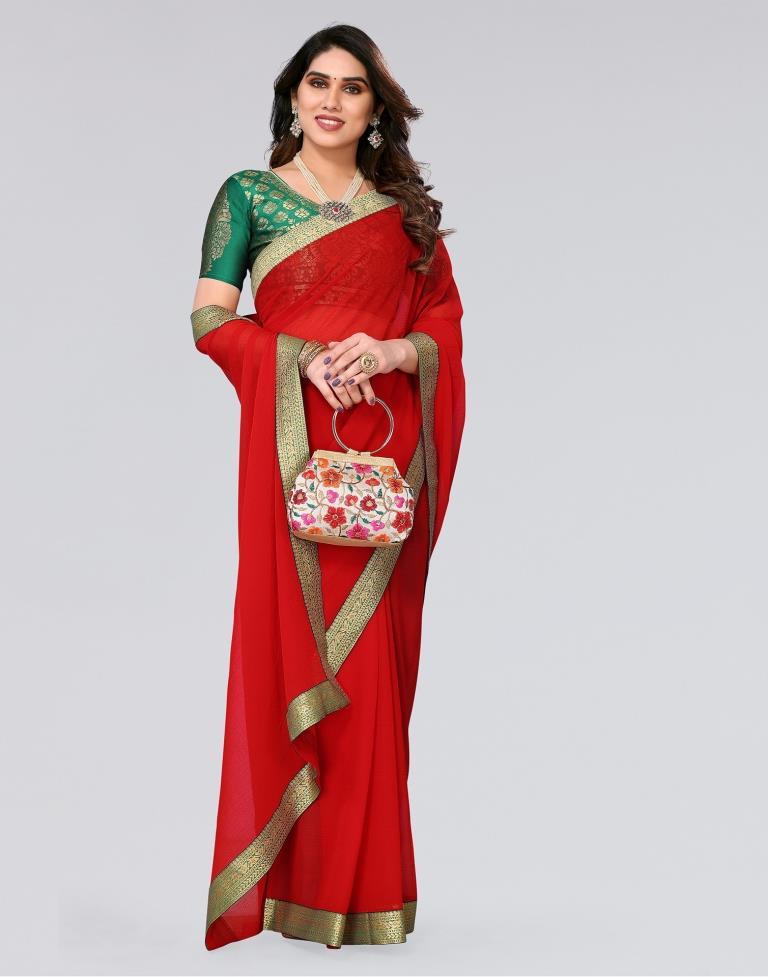 Red Plain Chiffon Saree