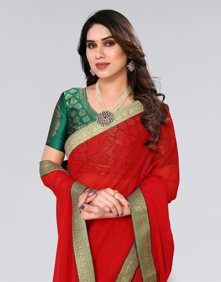 Red Plain Chiffon Saree