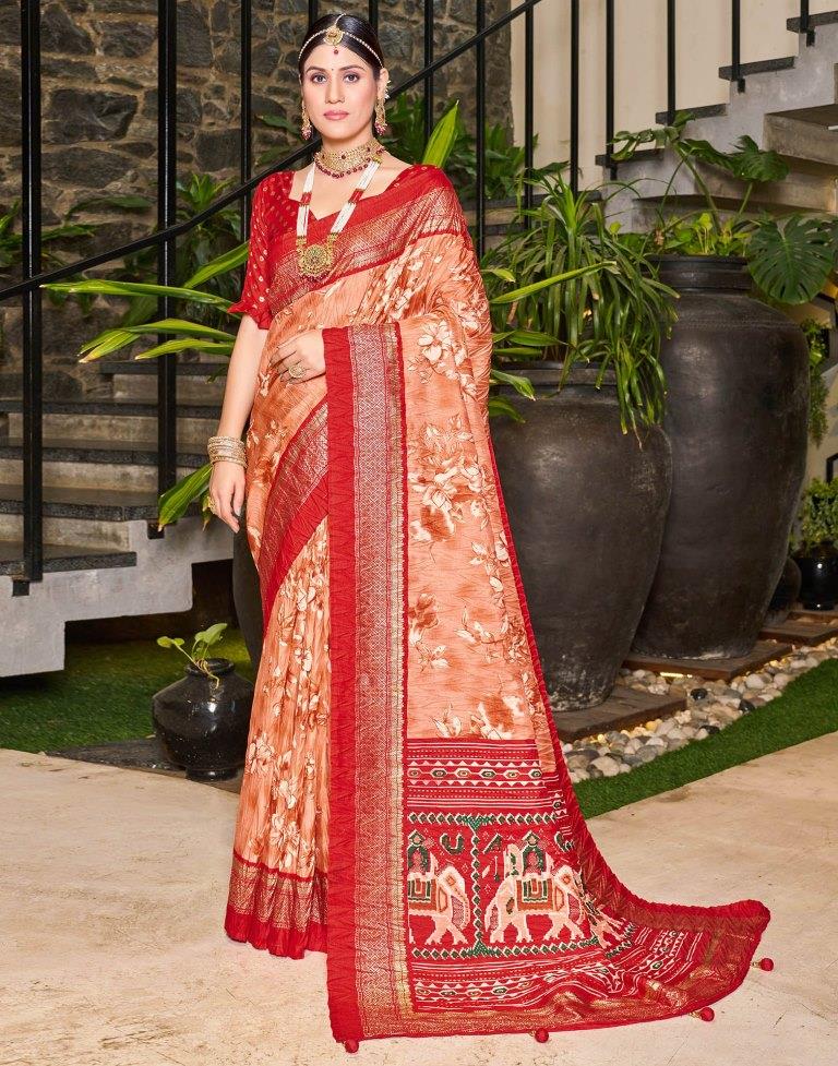 Peach Printed Silk Saree