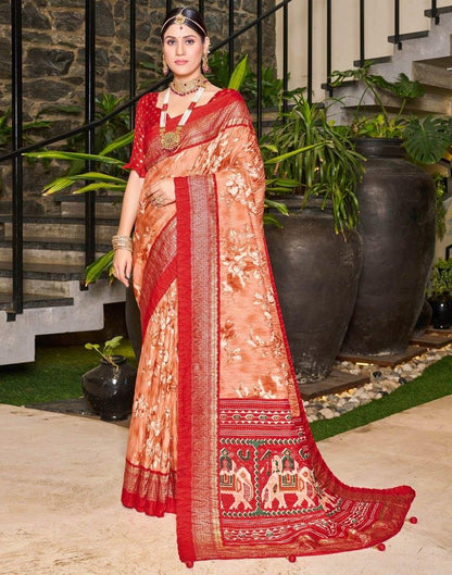 Peach Printed Silk Saree