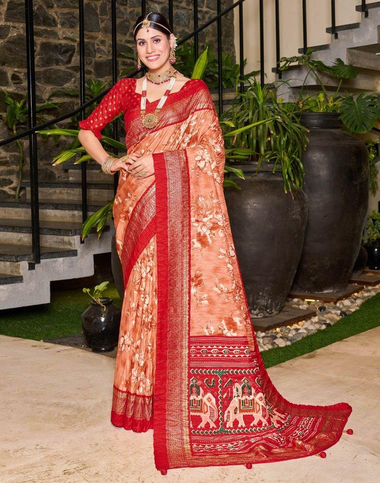 Peach Printed Silk Saree