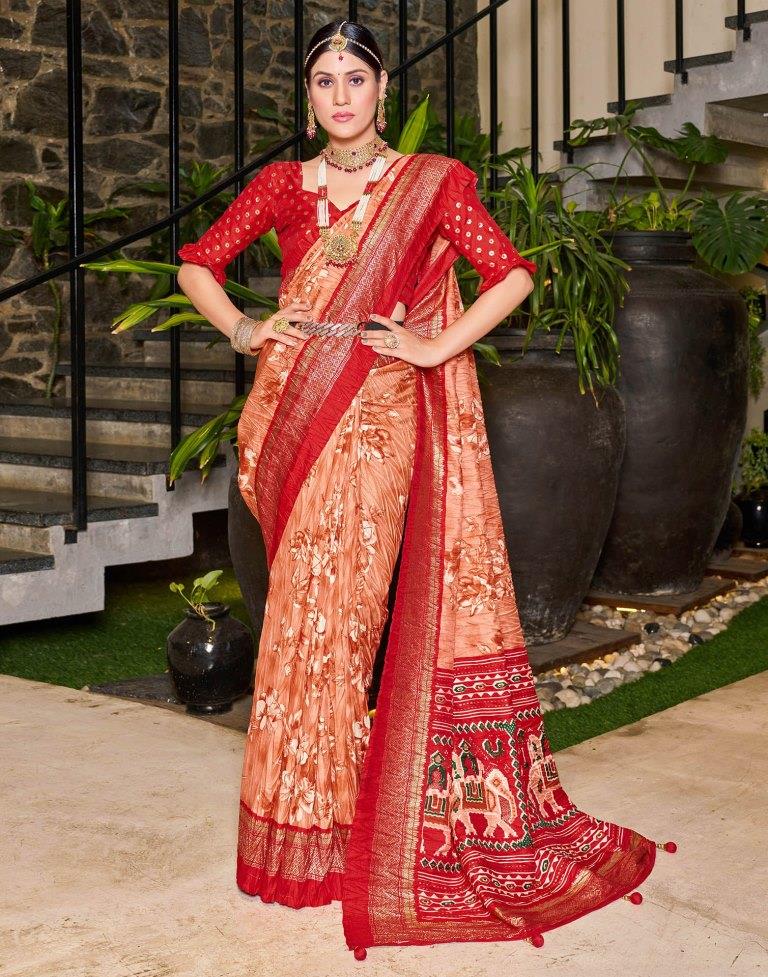 Peach Printed Silk Saree