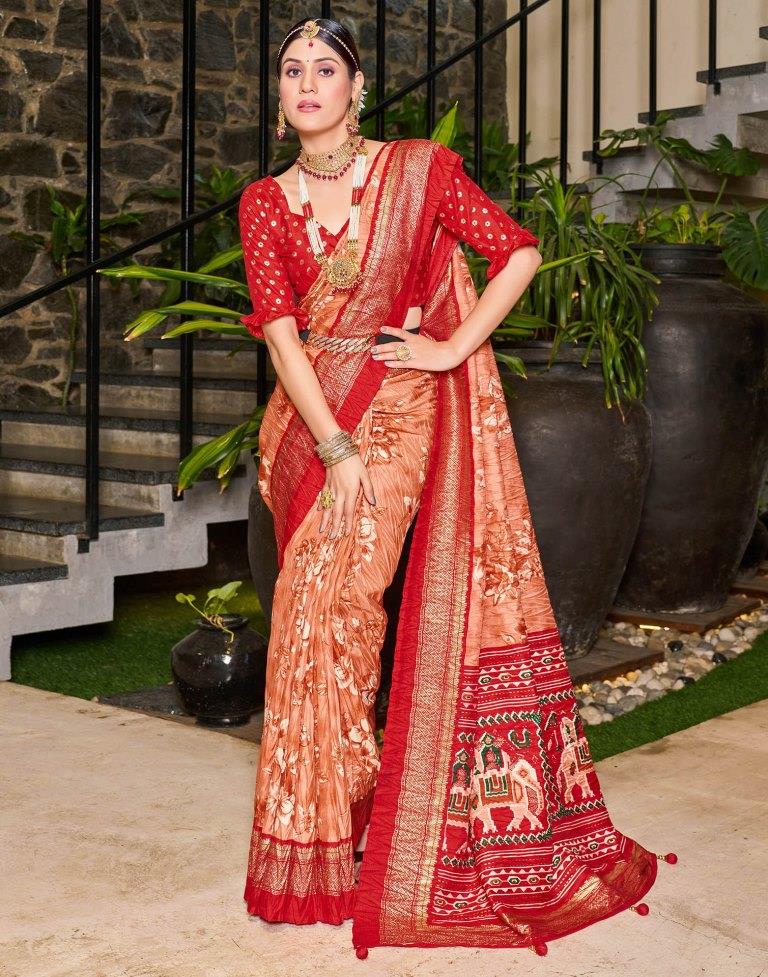 Peach Printed Silk Saree