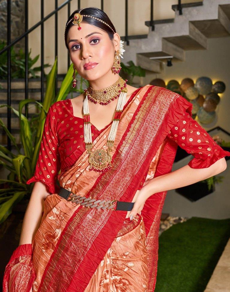 Peach Printed Silk Saree