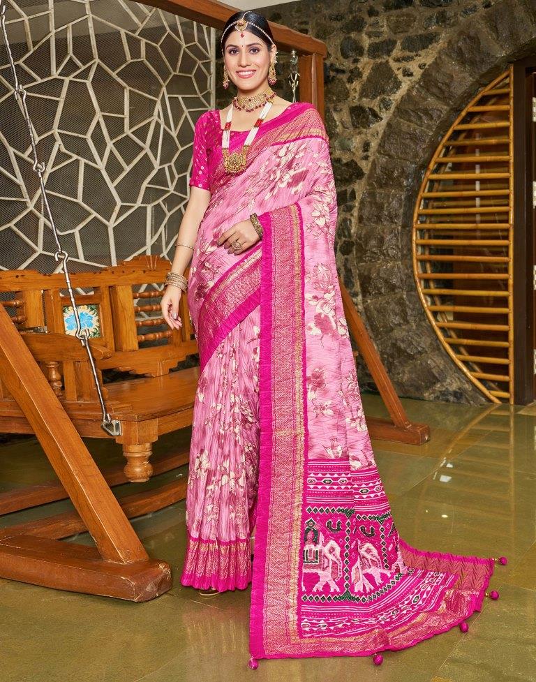 Pink Printed Silk Saree