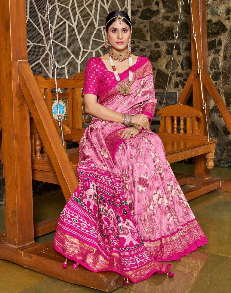 Pink Printed Silk Saree