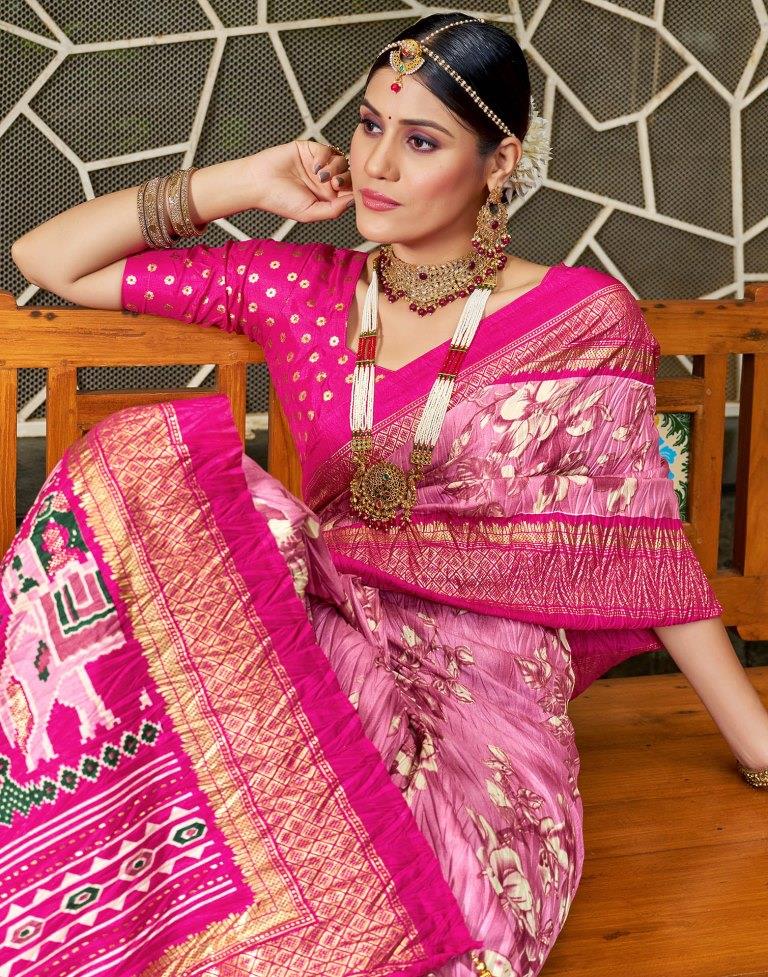 Pink Printed Silk Saree