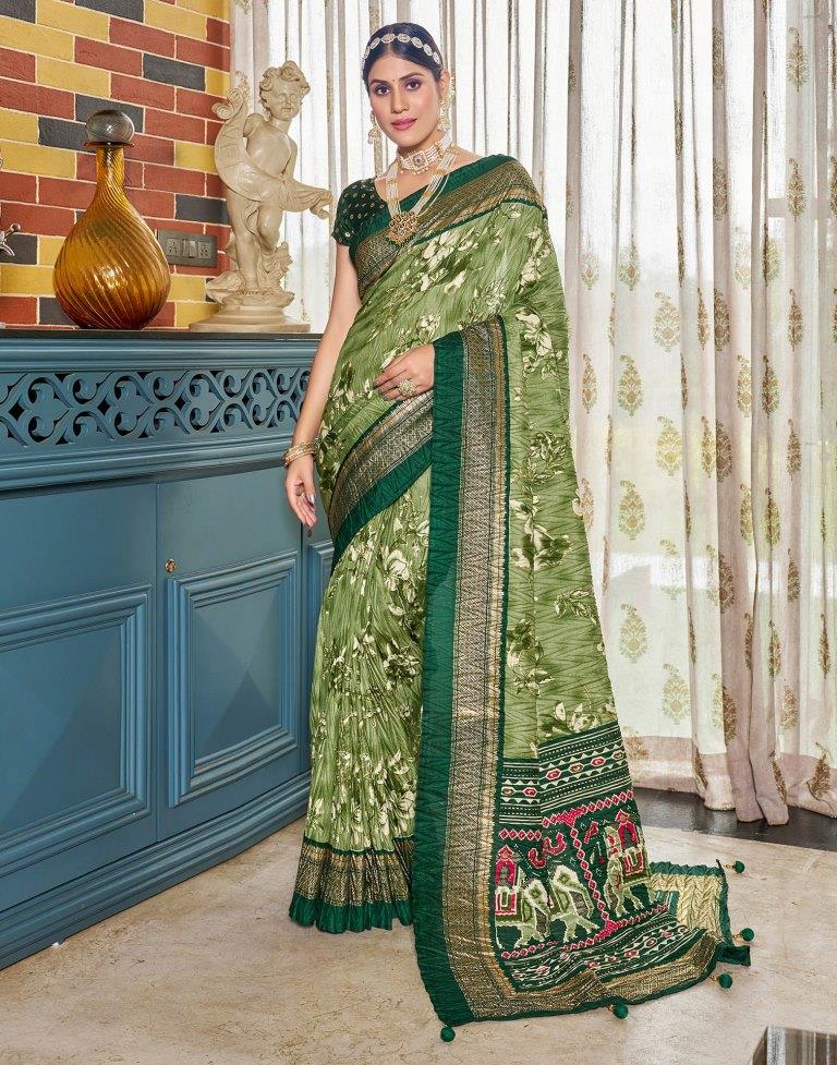 Green Printed Silk Saree
