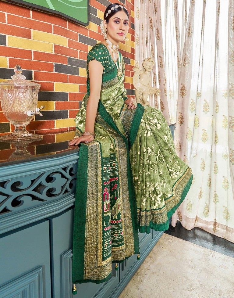 Green Printed Silk Saree