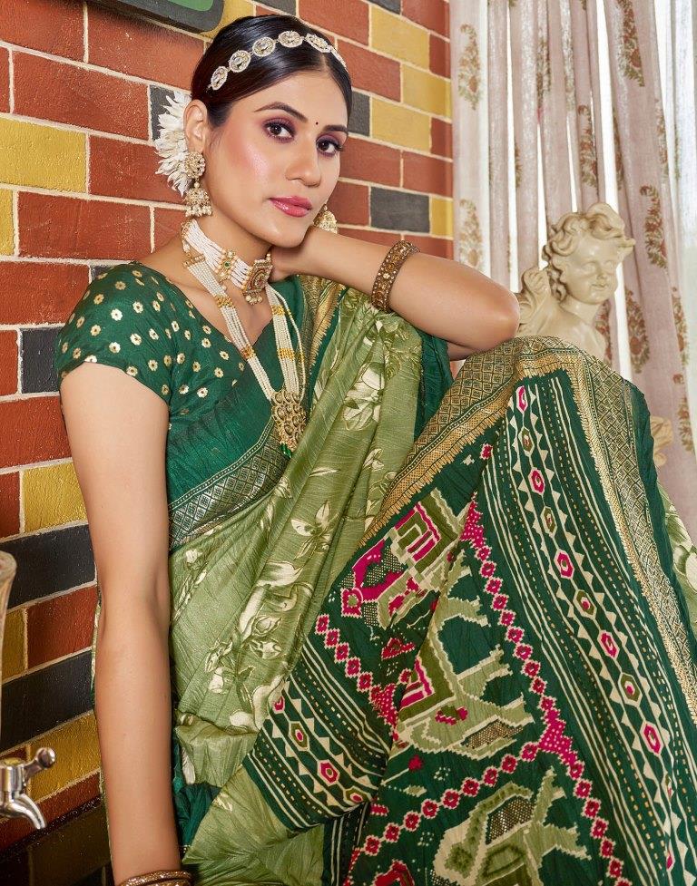 Green Printed Silk Saree