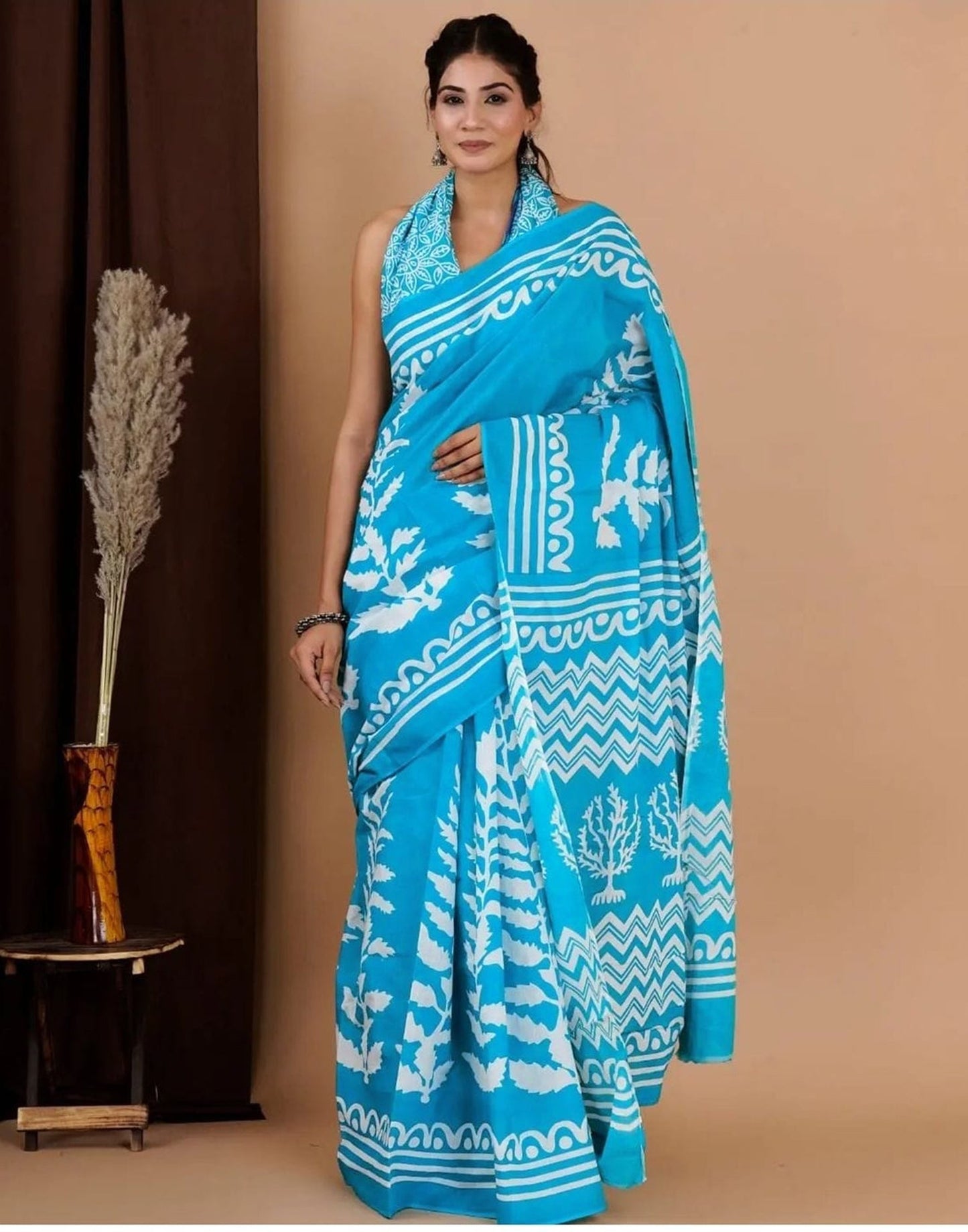 Sky Blue Printed Cotton Saree