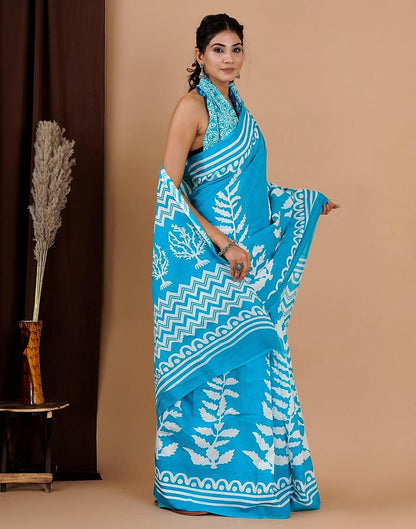 Sky Blue Printed Cotton Saree