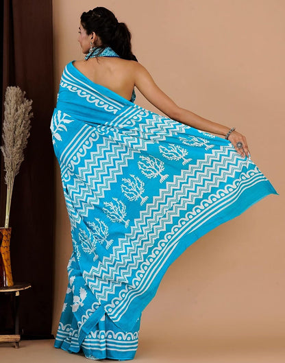 Sky Blue Printed Cotton Saree