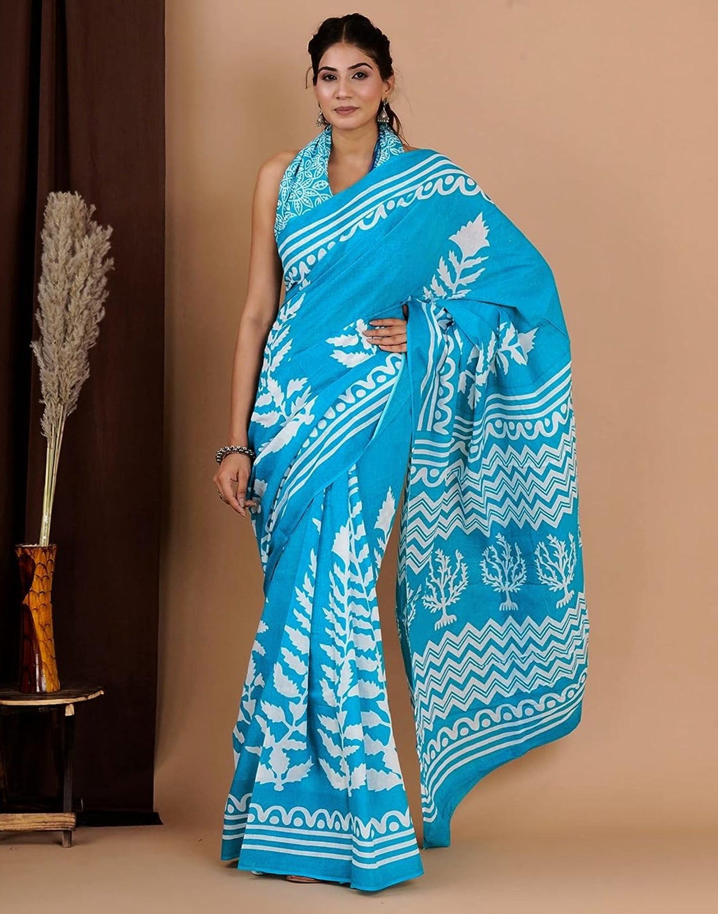 Sky Blue Printed Cotton Saree