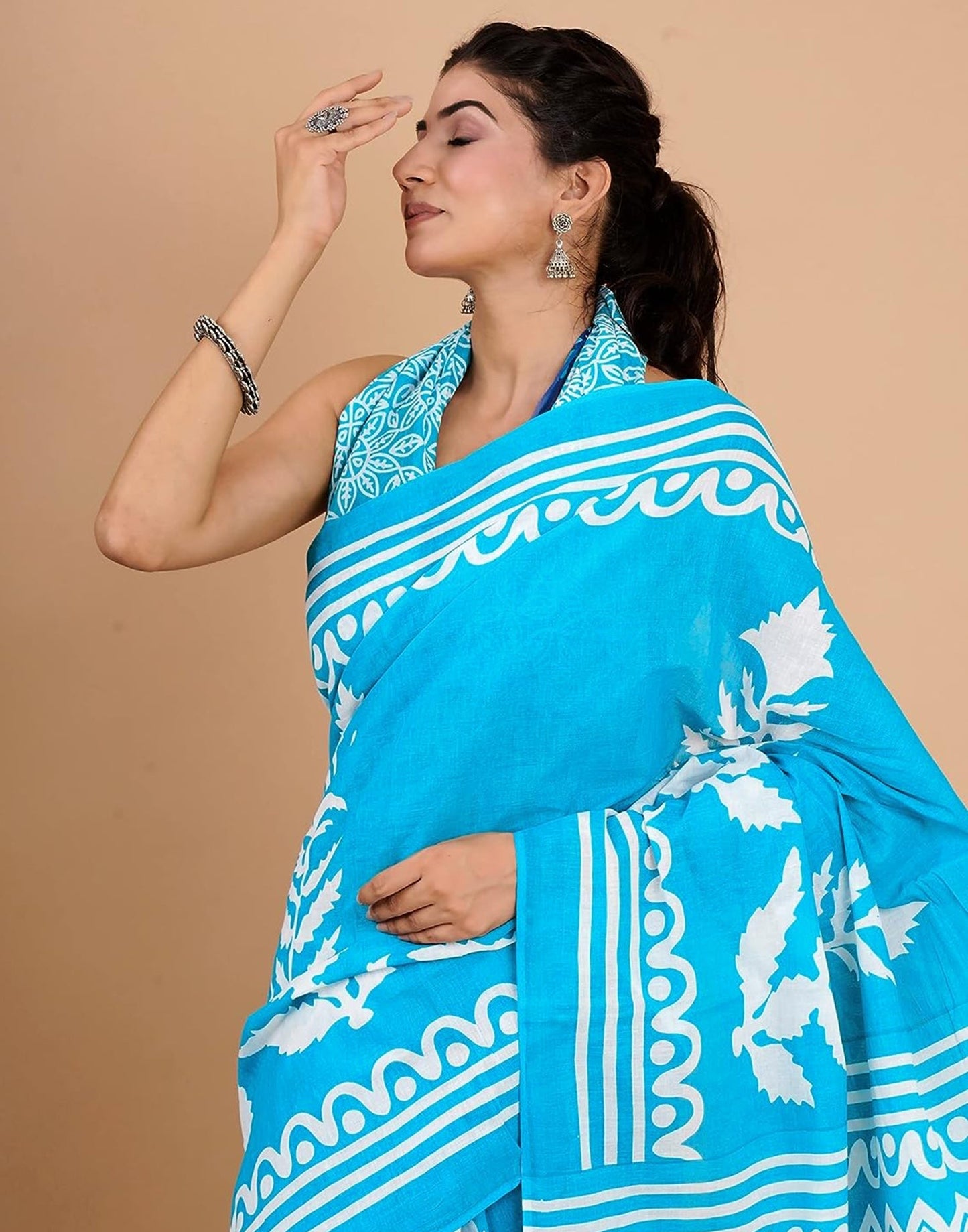Sky Blue Printed Cotton Saree