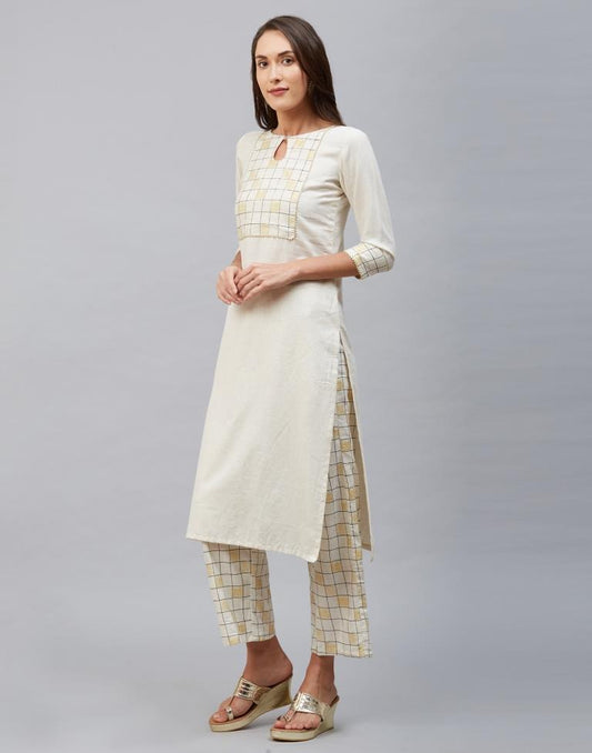 Off White Coloured Cotton Flex Printed Kurti With Palazzo | Leemboodi