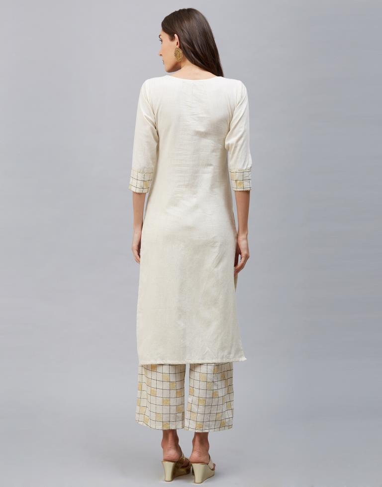 Off White Coloured Cotton Flex Printed Kurti With Palazzo | Leemboodi