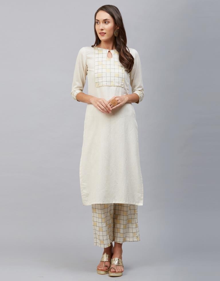 Off White Coloured Cotton Flex Printed Kurti With Palazzo | Leemboodi