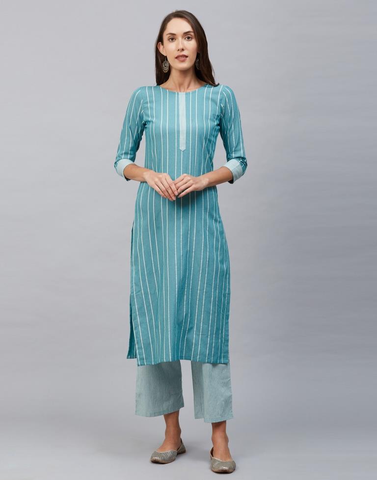 Aqua Blue Coloured Cotton Woven Kurti With Palazzo | Leemboodi