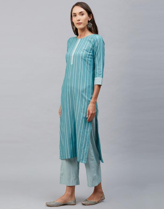 Aqua Blue Coloured Cotton Woven Kurti With Palazzo | Leemboodi