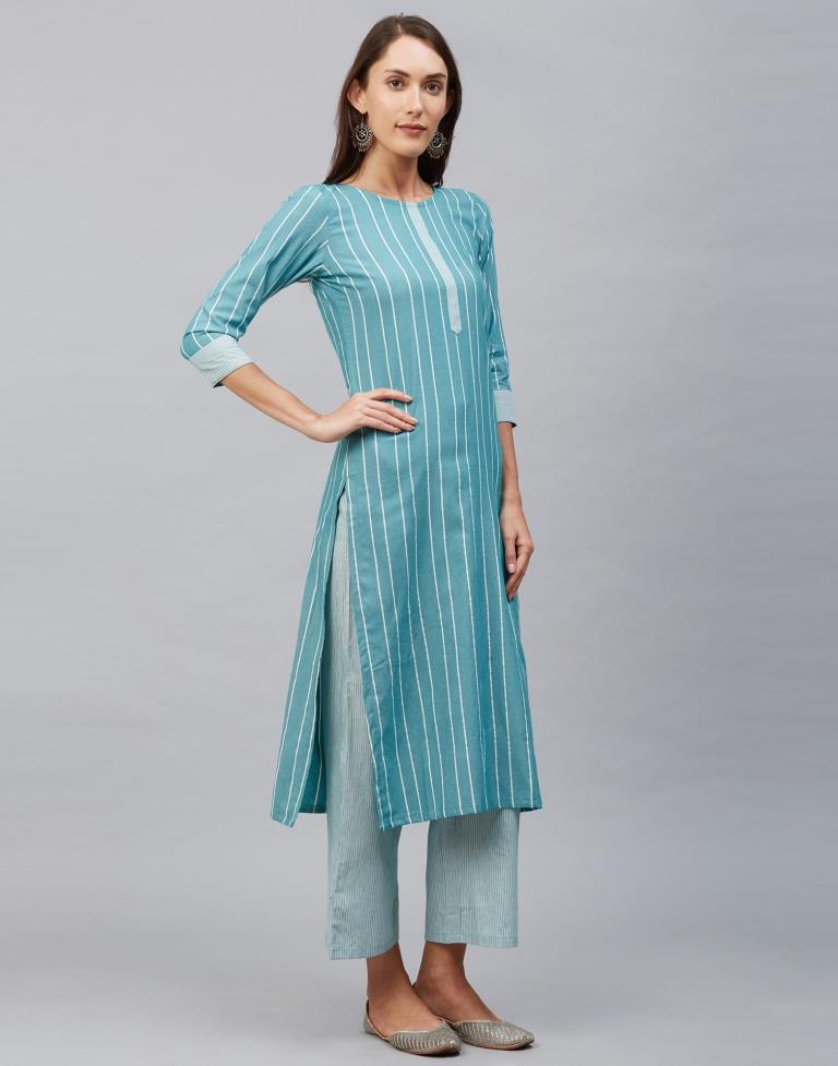 Aqua Blue Coloured Cotton Woven Kurti With Palazzo | Leemboodi