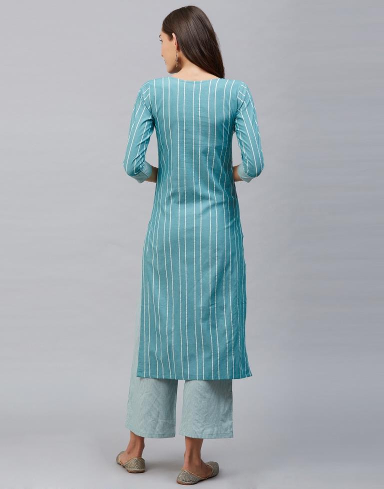 Aqua Blue Coloured Cotton Woven Kurti With Palazzo | Leemboodi