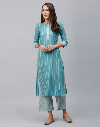 Aqua Blue Coloured Cotton Woven Kurti With Palazzo | Leemboodi