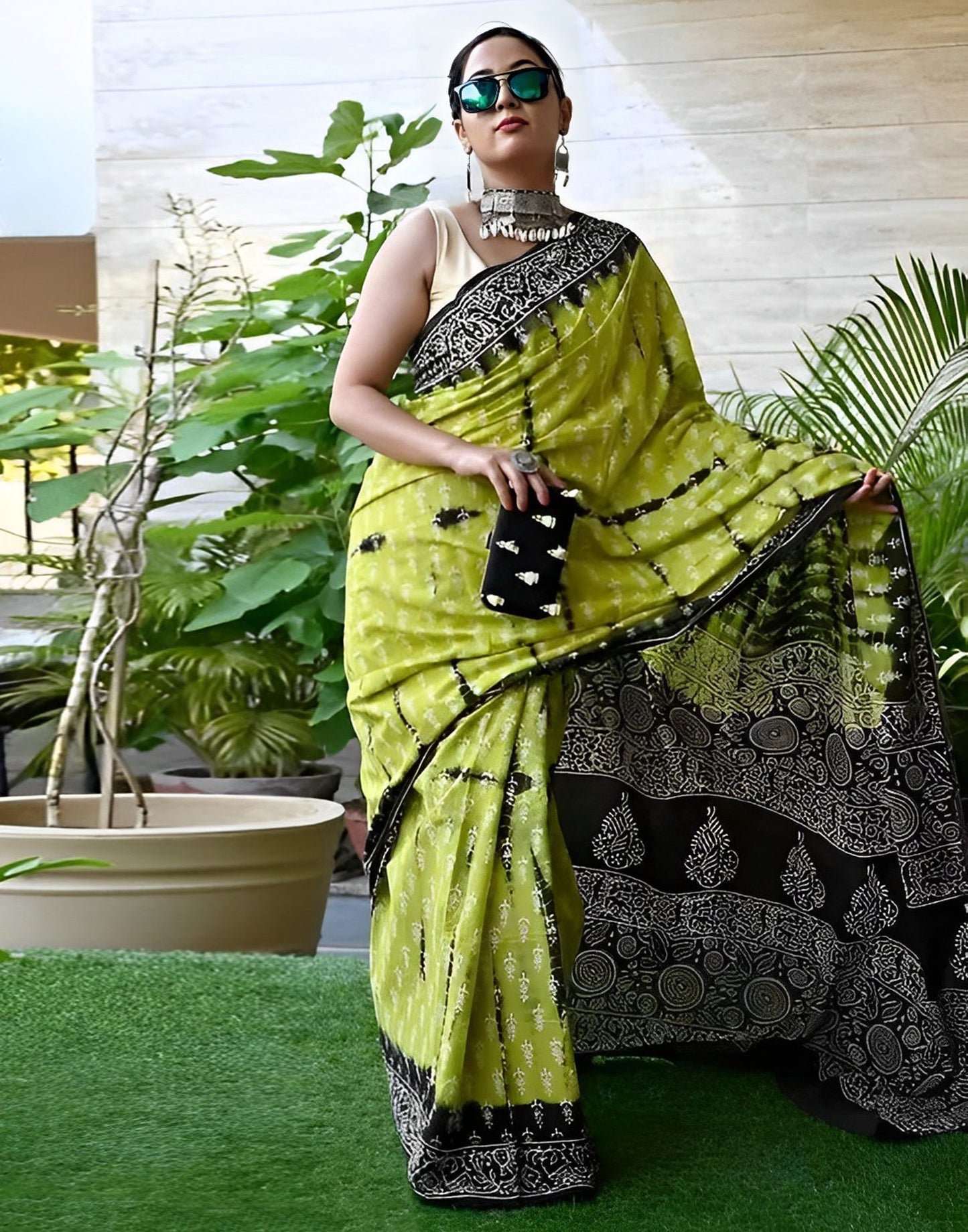 Green Printed Cotton Saree