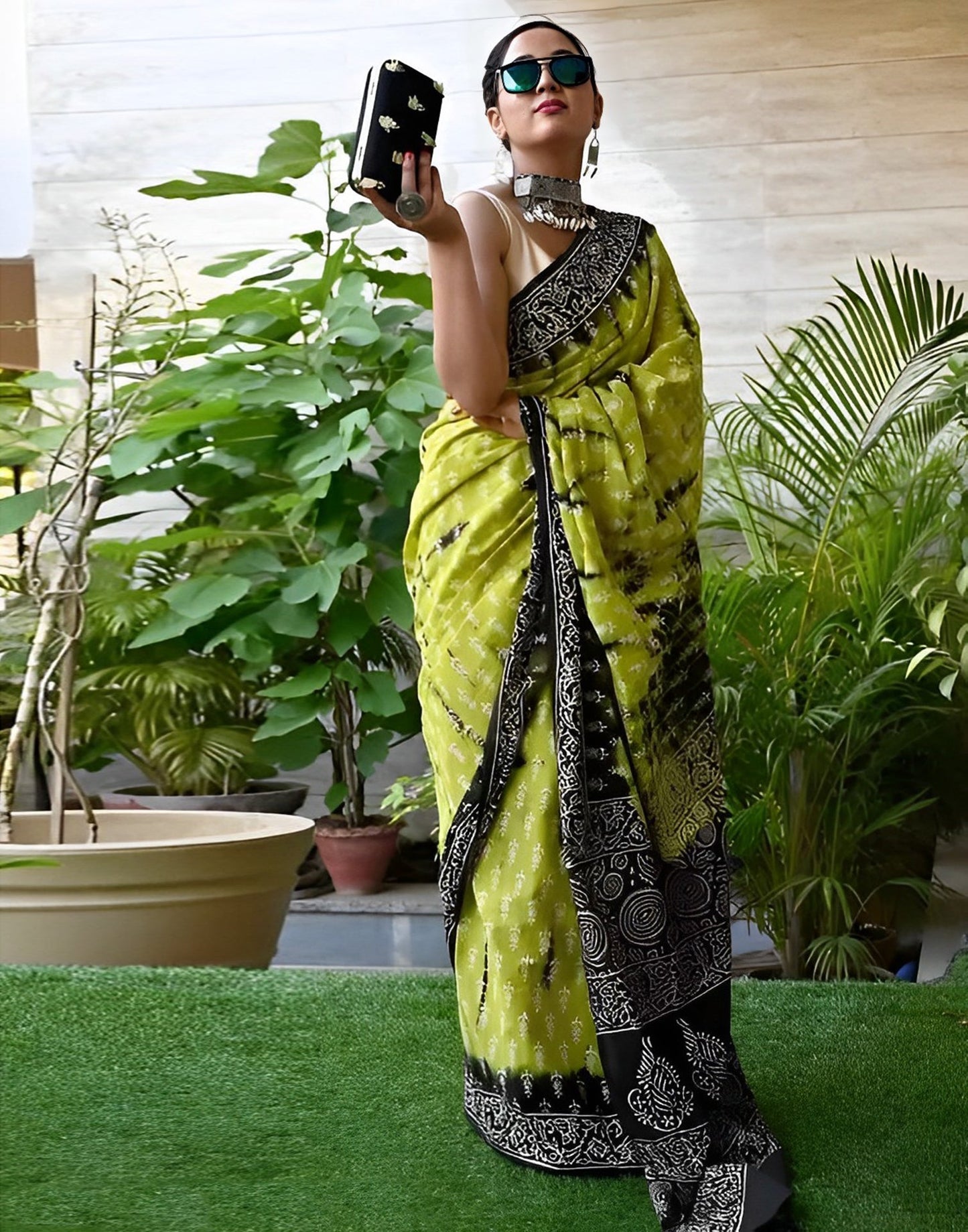 Green Printed Cotton Saree