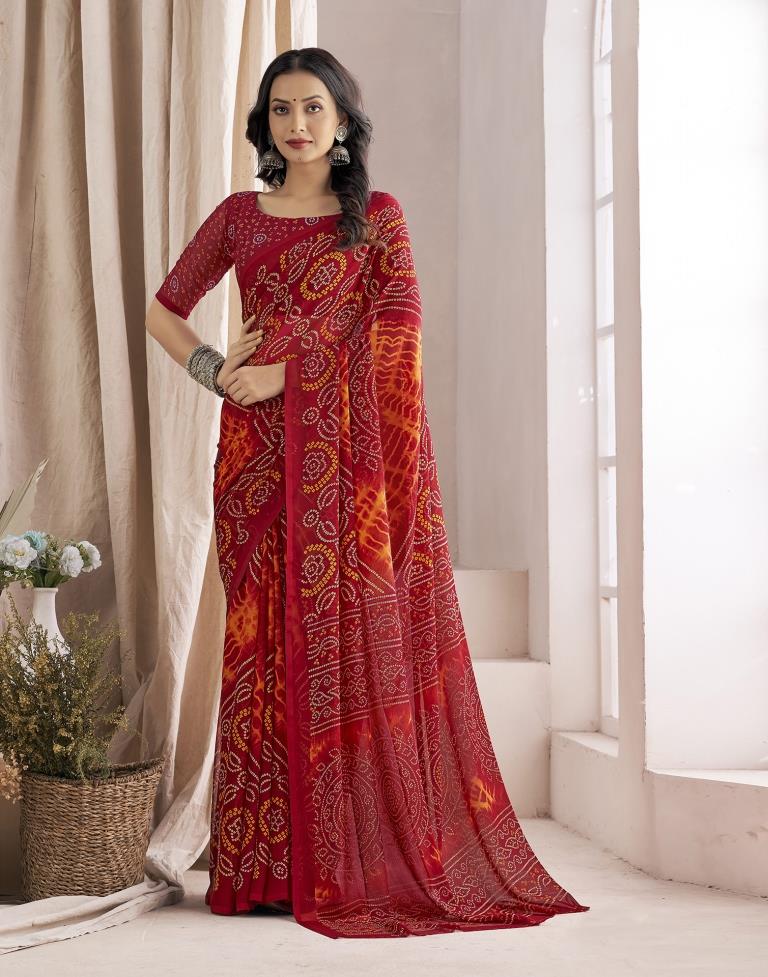 Maroon Bandhani Chiffon Saree