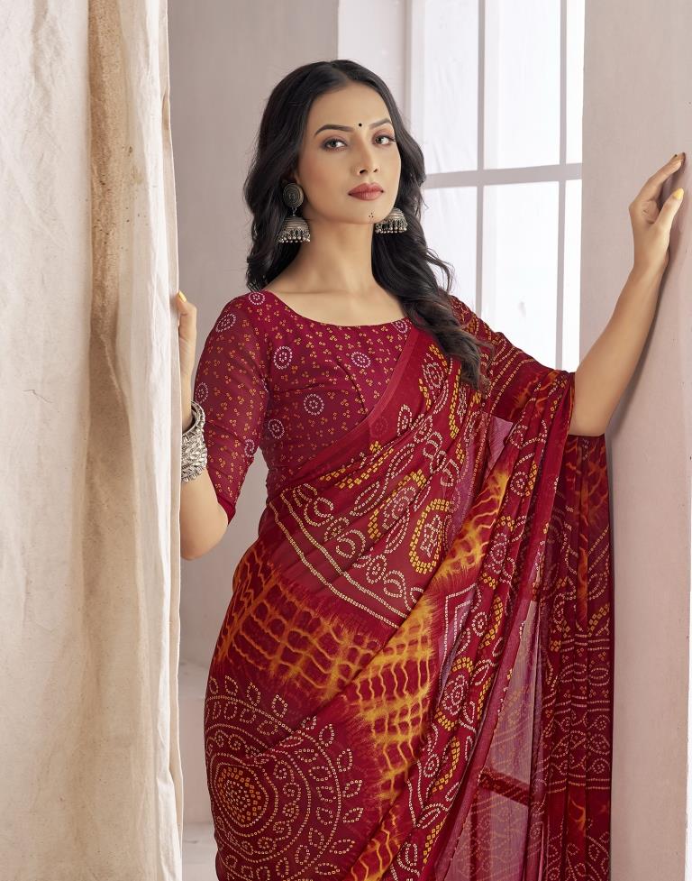 Maroon Bandhani Chiffon Saree