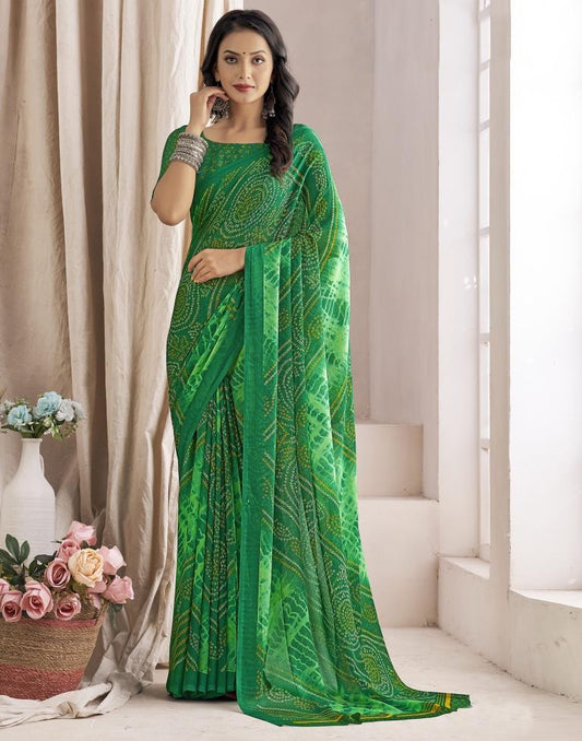 Dark Green Bandhani Chiffon Saree
