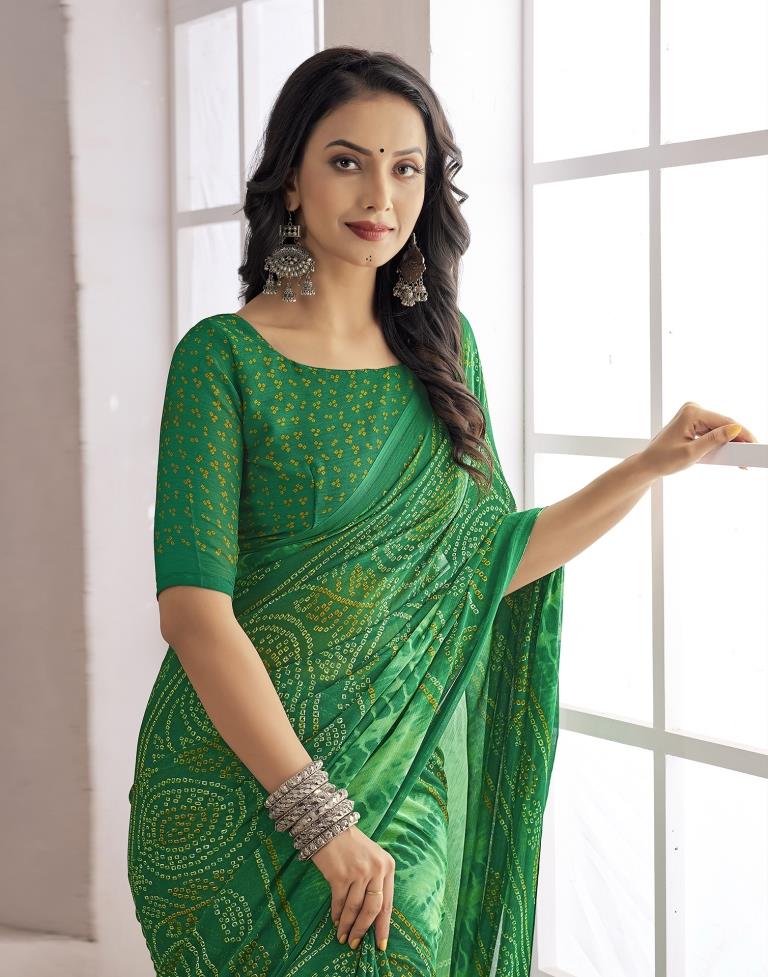 Dark Green Bandhani Chiffon Saree