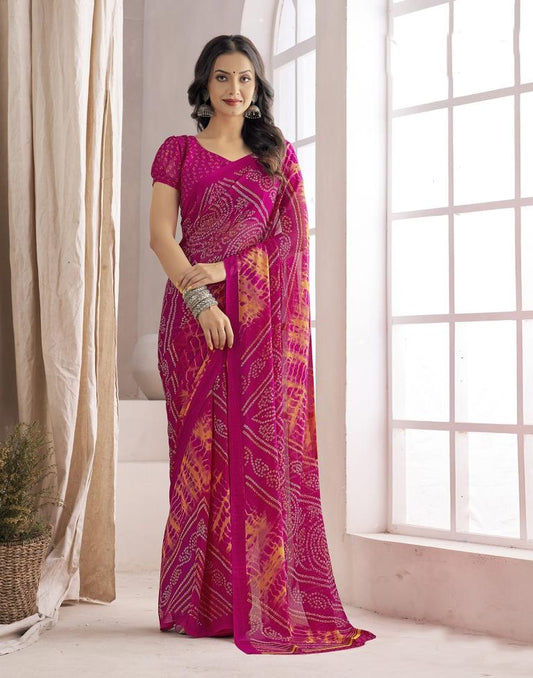 Dark Pink Bandhani Chiffon Saree