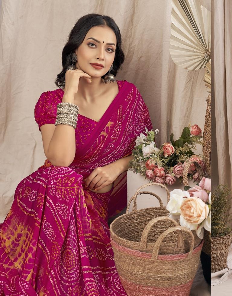 Dark Pink Bandhani Chiffon Saree
