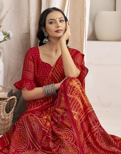 Red Bandhani Chiffon Saree