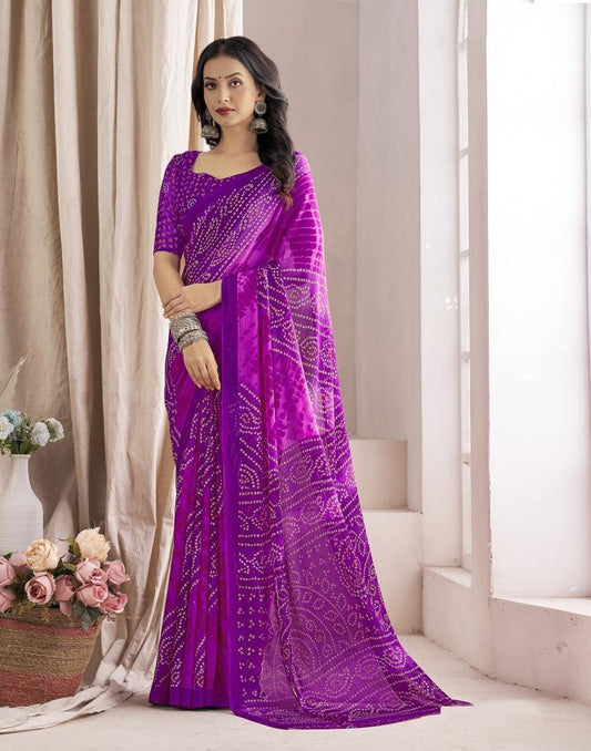 Dark Purple Bandhani Chiffon Saree