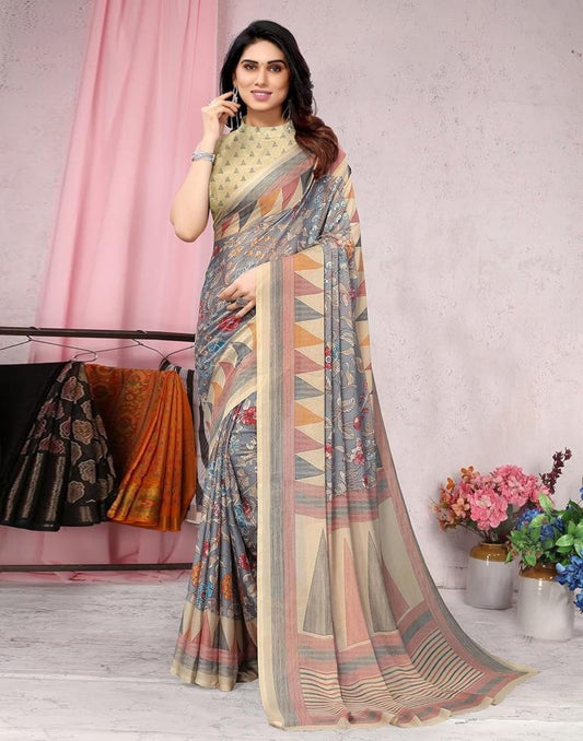 Multicoloured Printed Chiffon Saree