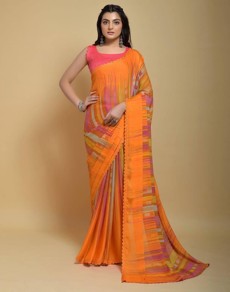 Orange Printed Georgette Saree