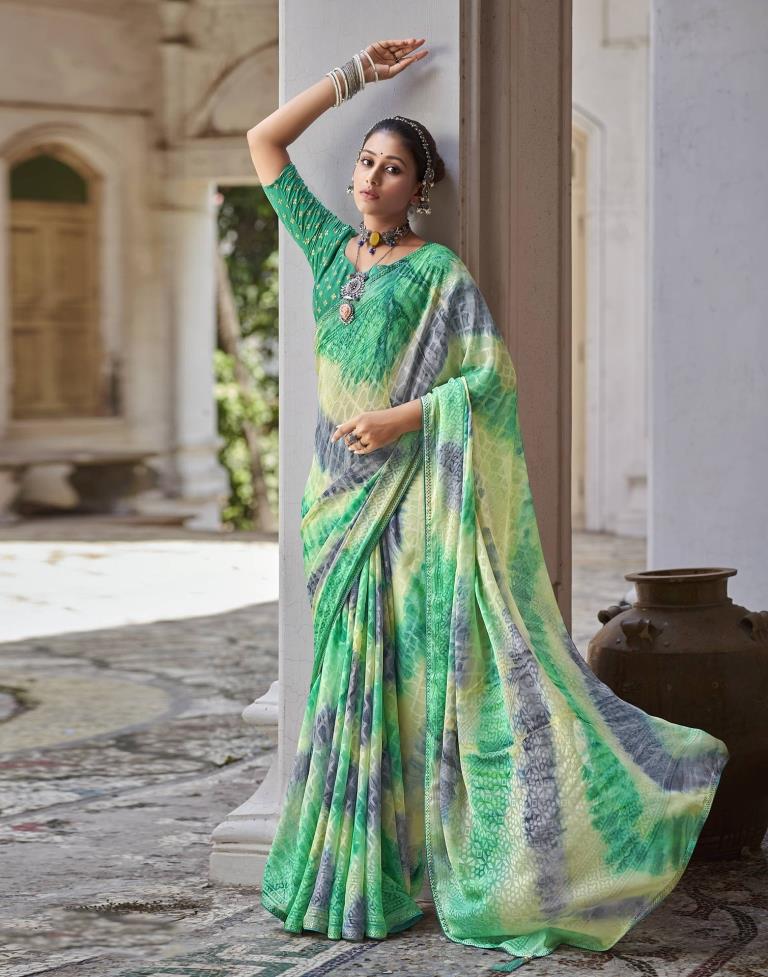 Turquoise Green Printed Brasso Saree