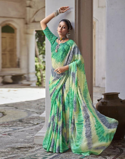 Turquoise Green Printed Brasso Saree