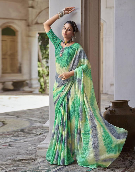Turquoise Green Printed Brasso Saree